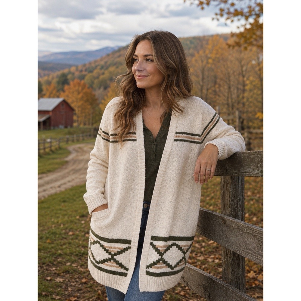 Oversized Southwest Western Cardigan Cozy Women's Cowgirl Sz L Boho Cream Warm